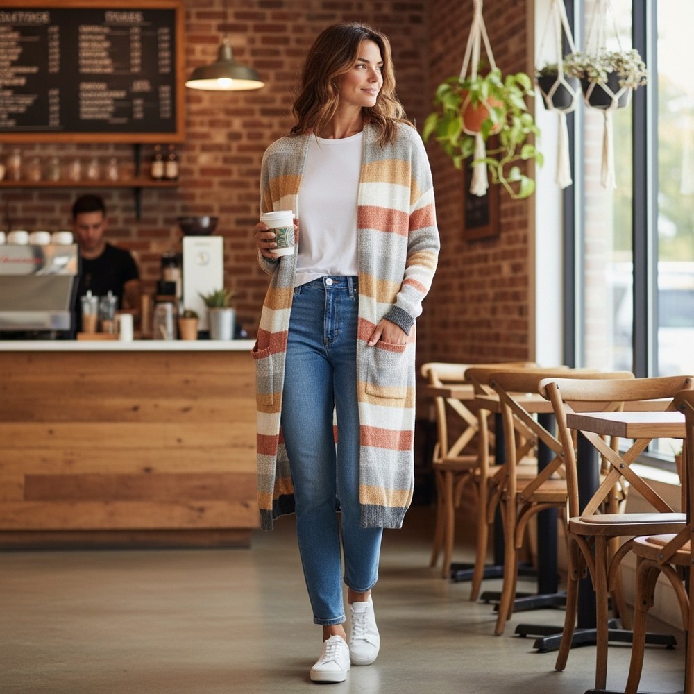 Academia Boho Open Front Striped Longline Cardigan Size M Office Autumn Layer